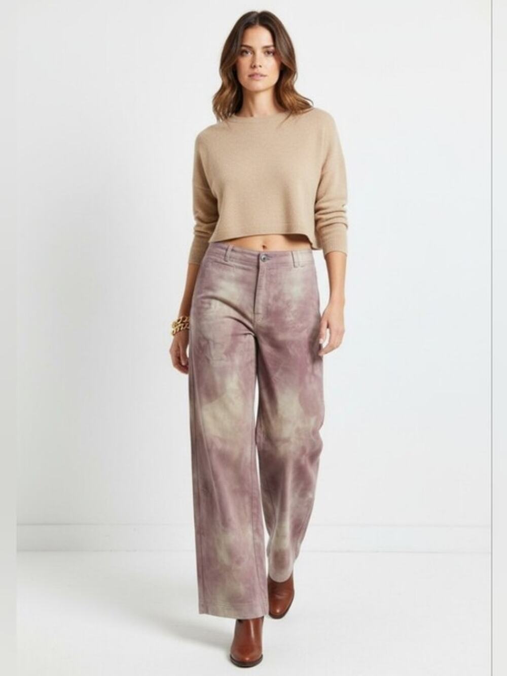 Free People Dream Bigger Pants Sz 4 Brown SUPER WIDE Western Boho Tie Dye